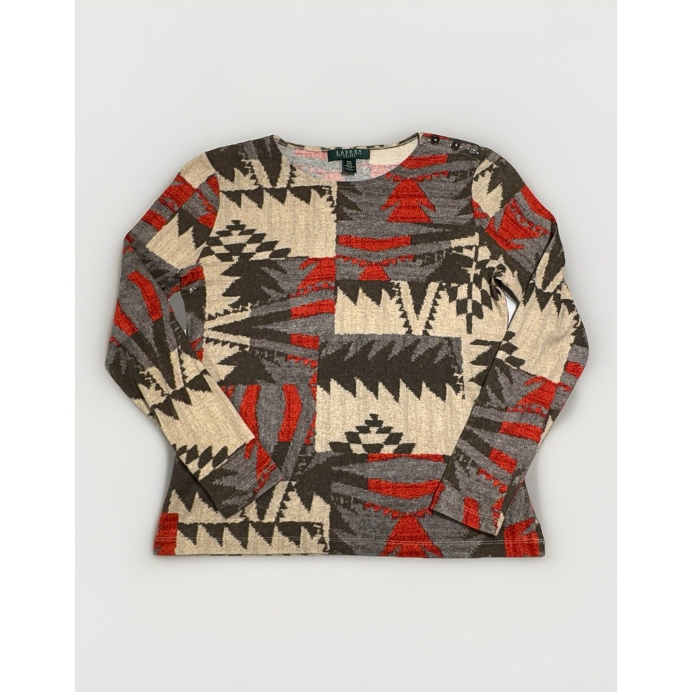 Lauren Ralph Lauren Women's Petite Med Cotton Top Aztec Southwest Western Tribal